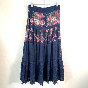 Aratta Silent Journey Womens Small Floral Crochet Tiered Maxi Skirt Pull On